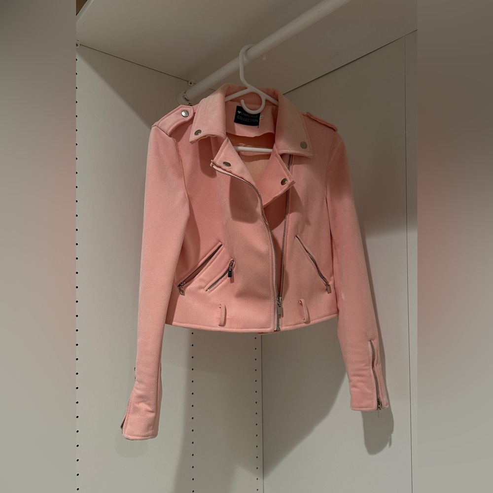 Pink faux leather biker jacket